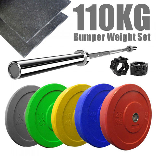 110kg Crossfit Weightlifting Barbell Bumper Plate Gym Weightlifting Set + Mats - iworkout.com.au