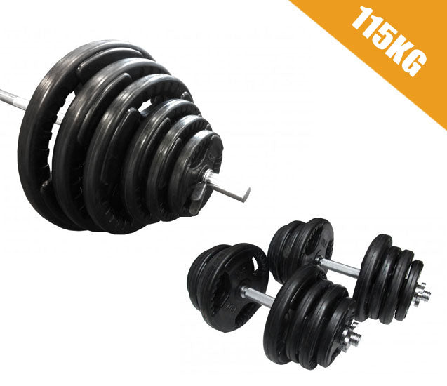 115kg Standard Hammertone Barbell/Dumbbell Weights Set - iworkout.com.au