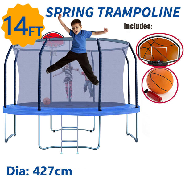 14ft Trampoline Round Safety Net+Spring Pad+Ladder Optional Basketball Set Kids - iworkout.com.au
