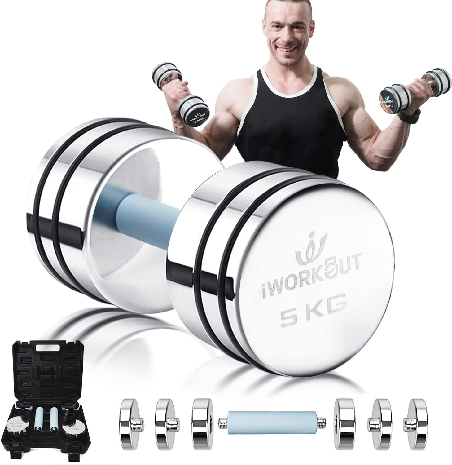 iWorkout Adjustable Dumbbells 5kg Set of 2 (1.75kg/2.5kg/3kg/3.75kg/5kg) Steel Dumbbells with Foam Handle Ultracompact Dumbbell Set Fitnees at Home (5kgx2)